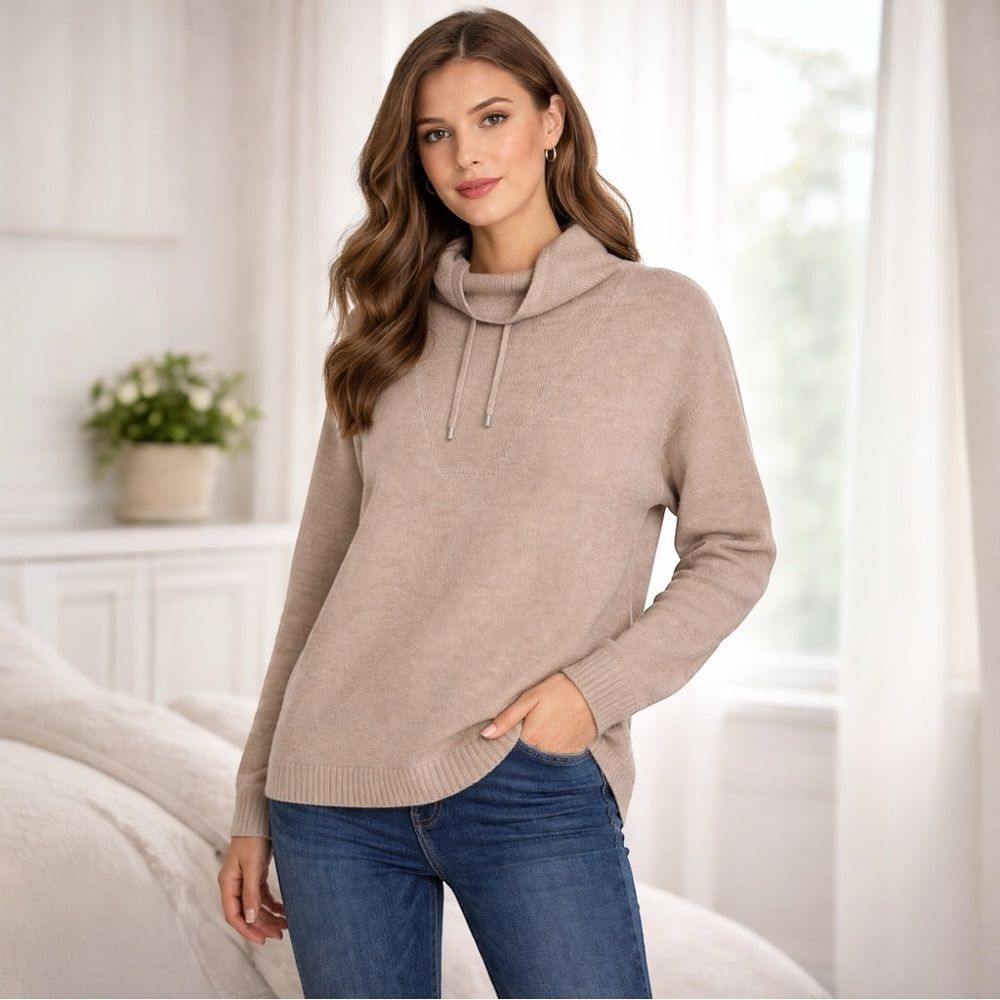 H Halston 100% Merino Wool Cowl Neck Hoodie Sweater Tan Women S Soft Luxe